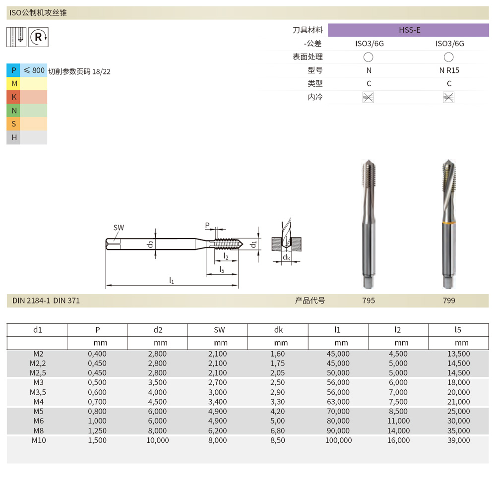 795直槽絲錐，799螺旋槽絲錐規(guī)格